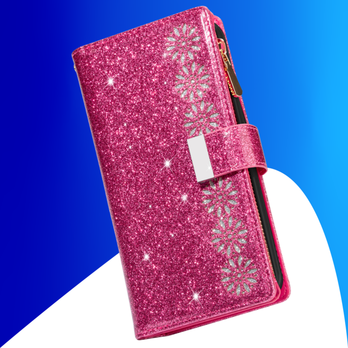 JVS Products iPhone 15 Plus hoesje -  Bookcase -  Koord -  Pasjeshouder -  Portemonnee -  Glitter -  Bloemenpatroon -  Kunstleer -  Roze