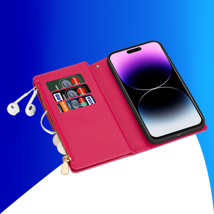 JVS Products iPhone 15 Plus hoesje -  Bookcase -  Koord -  Pasjeshouder -  Portemonnee -  Glitter -  Bloemenpatroon -  Kunstleer -  Roze