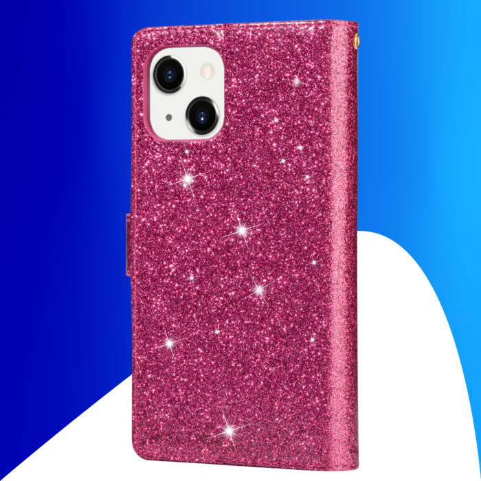 JVS Products iPhone 15 Plus hoesje -  Bookcase -  Koord -  Pasjeshouder -  Portemonnee -  Glitter -  Bloemenpatroon -  Kunstleer -  Roze