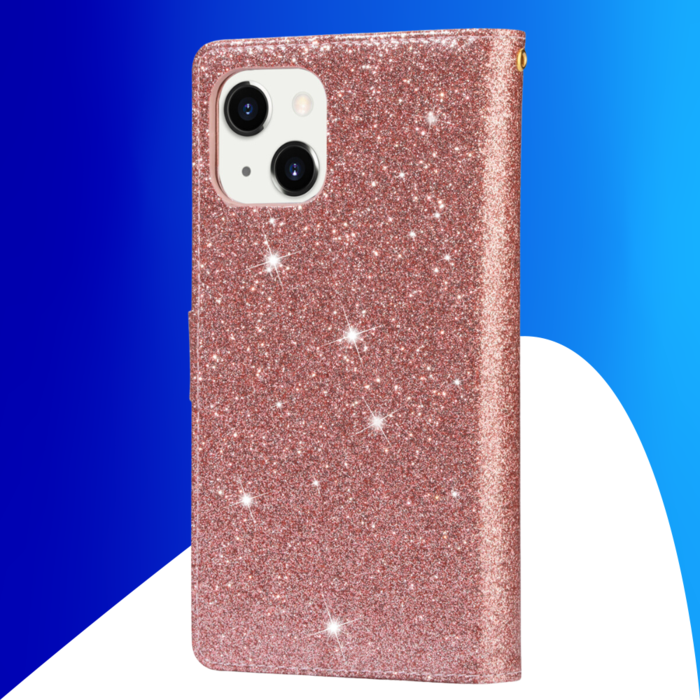 JVS Products iPhone 15 Plus hoesje -  Bookcase -  Koord -  Pasjeshouder -  Portemonnee -  Glitter -  Bloemenpatroon -  Kunstleer -  Rose Goud