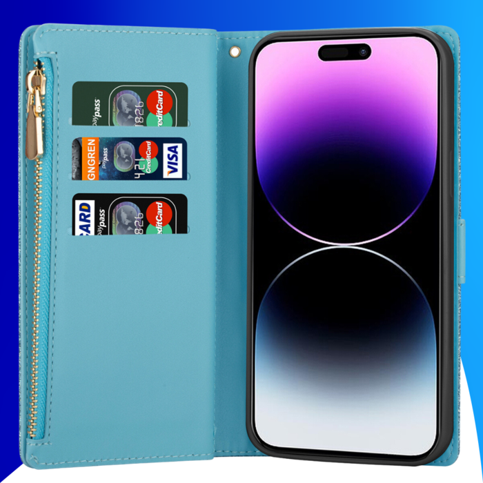 JVS Products iPhone 15 Pro hoesje -  Bookcase -  Koord -  Pasjeshouder -  Portemonnee -  Glitter -  Bloemenpatroon -  Kunstleer -  Blauw