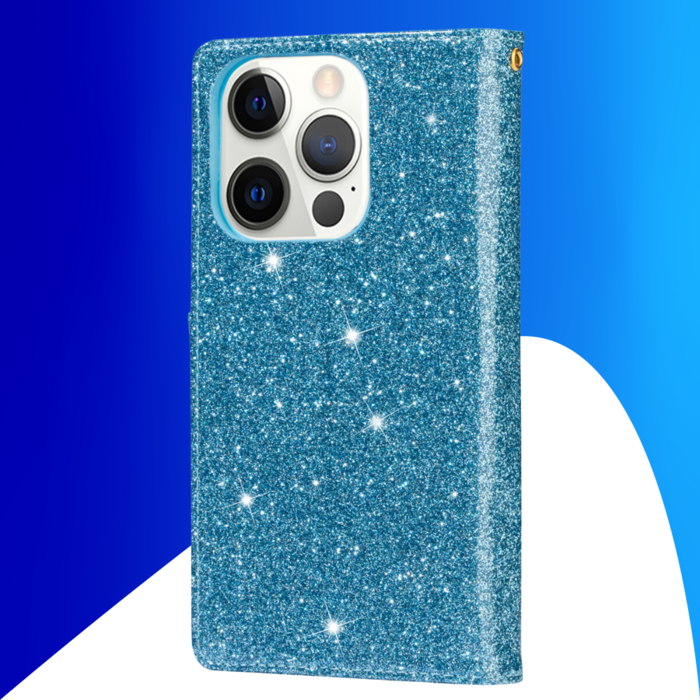 JVS Products iPhone 15 Pro hoesje -  Bookcase -  Koord -  Pasjeshouder -  Portemonnee -  Glitter -  Bloemenpatroon -  Kunstleer -  Blauw