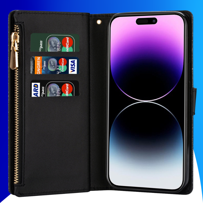 JVS Products iPhone 15 Plus hoesje -  Bookcase -  Koord -  Pasjeshouder -  Portemonnee -  Glitter -  Bloemenpatroon -  Kunstleer -  Zwart