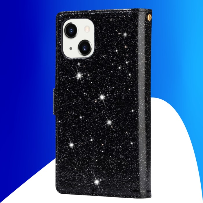 JVS Products iPhone 15 Plus hoesje -  Bookcase -  Koord -  Pasjeshouder -  Portemonnee -  Glitter -  Bloemenpatroon -  Kunstleer -  Zwart