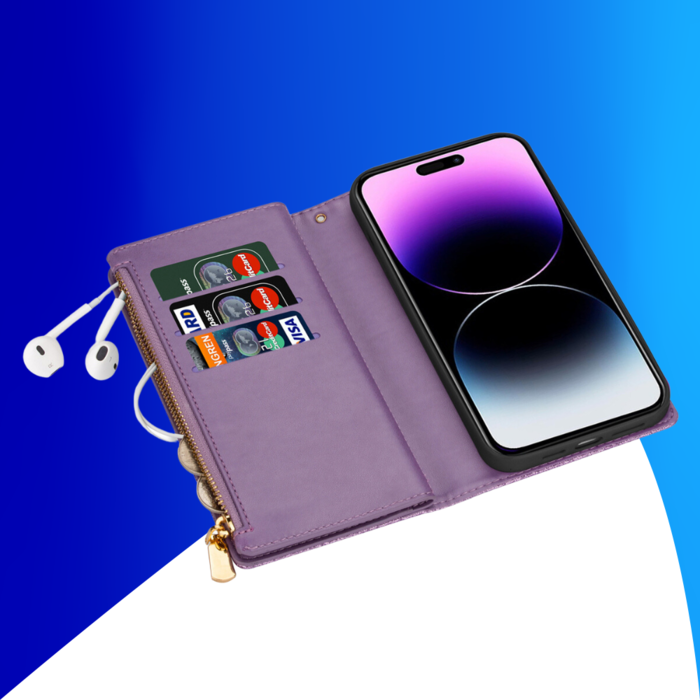 JVS Products iPhone 15 Pro Max hoesje -  Bookcase -  Koord -  Pasjeshouder -  Portemonnee -  Glitter -  Bloemenpatroon -  Kunstleer -  Paars