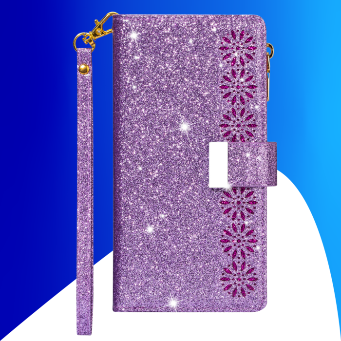 JVS Products iPhone 15 Pro Max hoesje -  Bookcase -  Koord -  Pasjeshouder -  Portemonnee -  Glitter -  Bloemenpatroon -  Kunstleer -  Paars