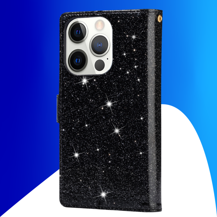 JVS Products iPhone 15 Pro hoesje -  Bookcase -  Koord -  Pasjeshouder -  Portemonnee -  Glitter -  Bloemenpatroon -  Kunstleer -  Zwart