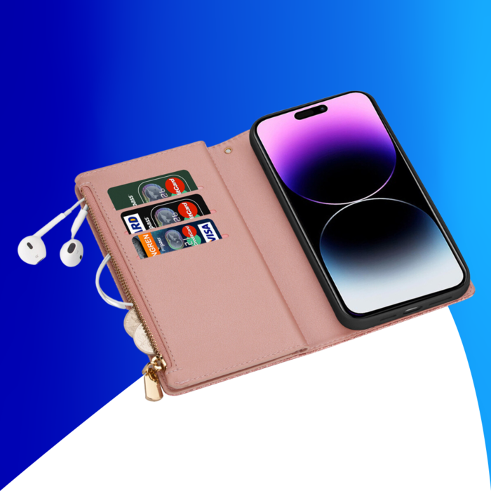 JVS Products iPhone 15 Pro Max hoesje -  Bookcase -  Koord -  Pasjeshouder -  Portemonnee -  Glitter -  Bloemenpatroon -  Kunstleer -  Rose Goud