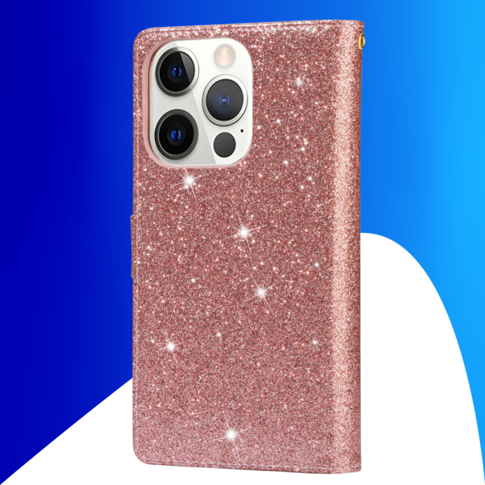 JVS Products iPhone 15 Pro Max hoesje -  Bookcase -  Koord -  Pasjeshouder -  Portemonnee -  Glitter -  Bloemenpatroon -  Kunstleer -  Rose Goud