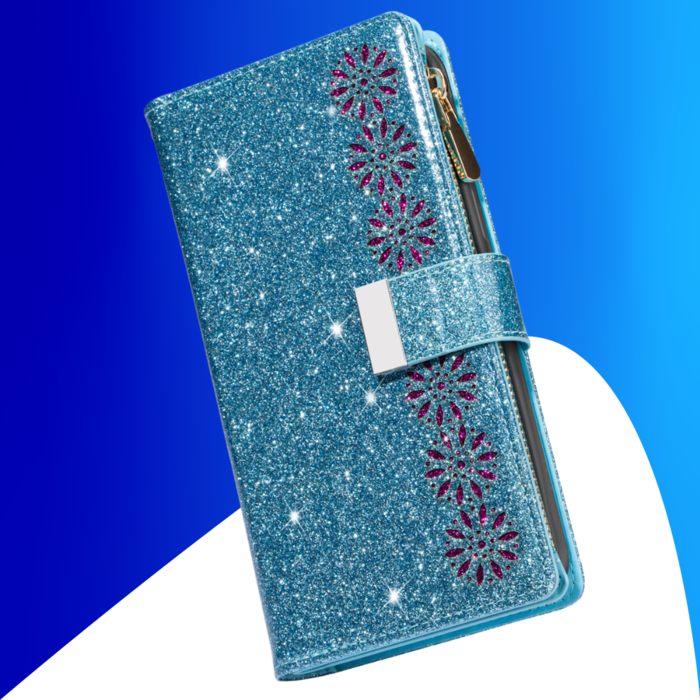 JVS Products iPhone 15 Pro Max hoesje -  Bookcase -  Koord -  Pasjeshouder -  Portemonnee -  Glitter -  Bloemenpatroon -  Kunstleer -  Blauw