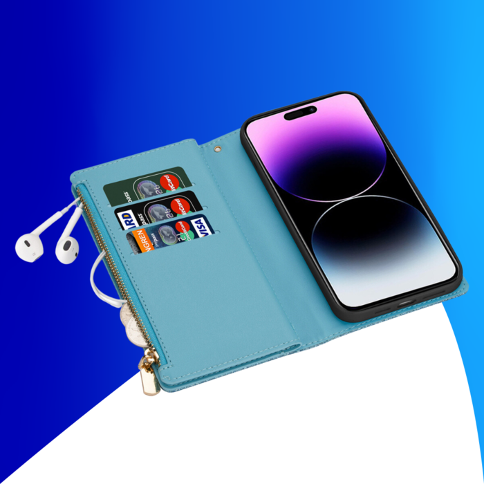 JVS Products iPhone 15 Pro Max hoesje -  Bookcase -  Koord -  Pasjeshouder -  Portemonnee -  Glitter -  Bloemenpatroon -  Kunstleer -  Blauw