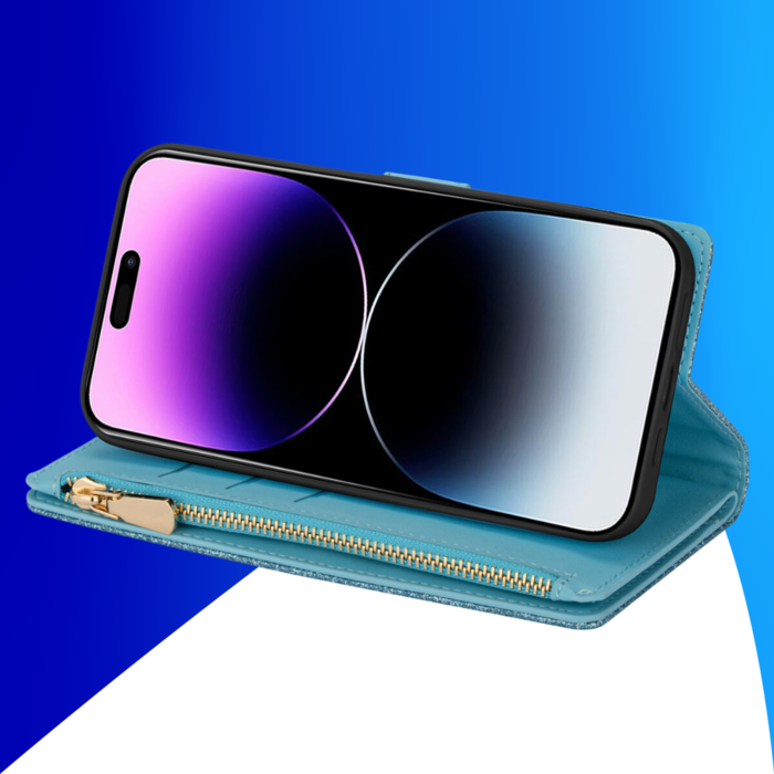 JVS Products iPhone 15 Pro Max hoesje -  Bookcase -  Koord -  Pasjeshouder -  Portemonnee -  Glitter -  Bloemenpatroon -  Kunstleer -  Blauw