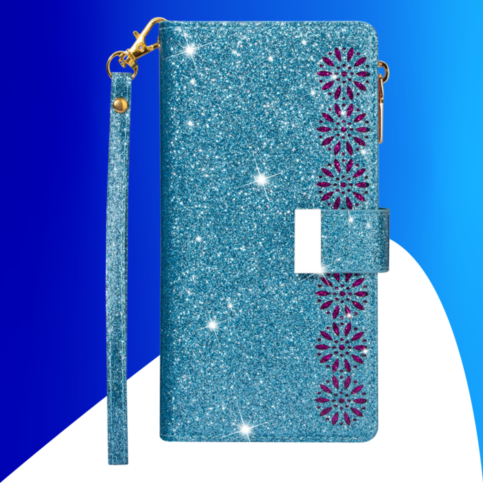 JVS Products iPhone 15 Pro Max hoesje -  Bookcase -  Koord -  Pasjeshouder -  Portemonnee -  Glitter -  Bloemenpatroon -  Kunstleer -  Blauw
