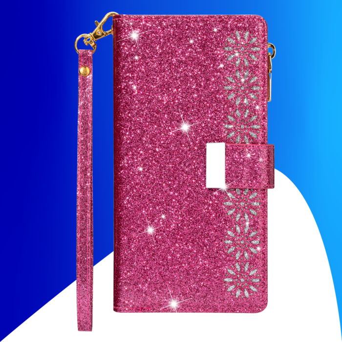 JVS Products iPhone 15 Pro hoesje -  Bookcase -  Koord -  Pasjeshouder -  Portemonnee -  Glitter -  Bloemenpatroon -  Kunstleer -  Roze