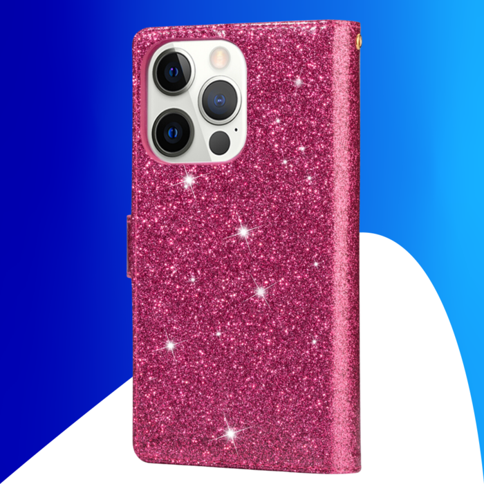 JVS Products iPhone 15 Pro hoesje -  Bookcase -  Koord -  Pasjeshouder -  Portemonnee -  Glitter -  Bloemenpatroon -  Kunstleer -  Roze