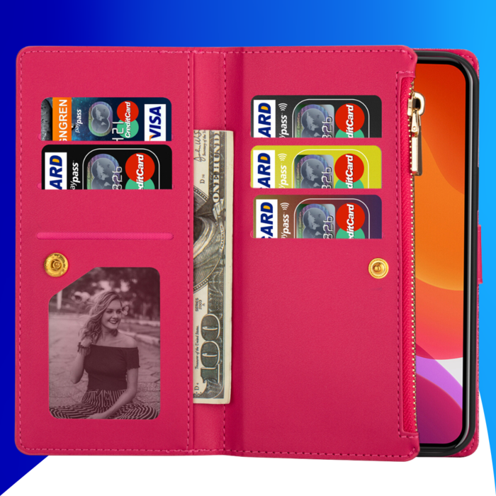 JVS Products iPhone 15 Pro Max hoesje -  Bookcase -  Koord -  Pasjeshouder -  Portemonnee -  Glitter -  Bloemenpatroon -  Kunstleer -  Roze