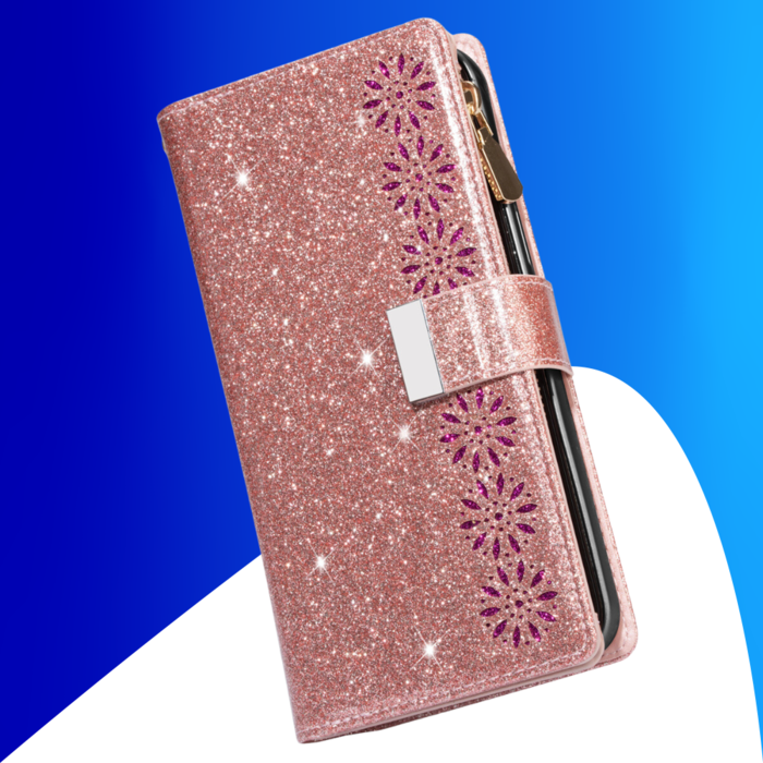 JVS Products iPhone 15 Pro hoesje -  Bookcase -  Koord -  Pasjeshouder -  Portemonnee -  Glitter -  Bloemenpatroon -  Kunstleer -  Rose Goud