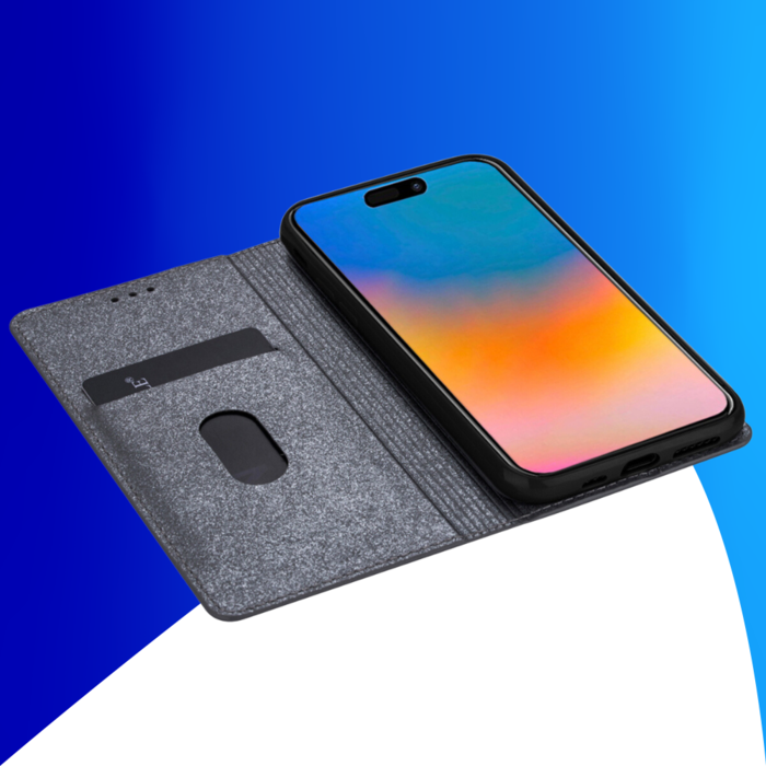 JVS Products iPhone 15 Plus hoesje -  Bookcase -  Pasjeshouder -  Portemonnee -  Glitter -  TPU -  Grijs