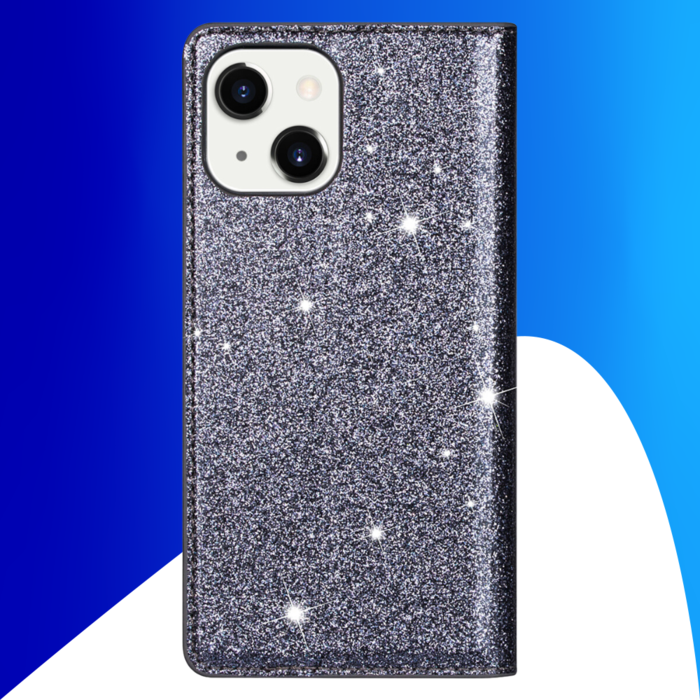 JVS Products iPhone 15 Plus hoesje -  Bookcase -  Pasjeshouder -  Portemonnee -  Glitter -  TPU -  Grijs