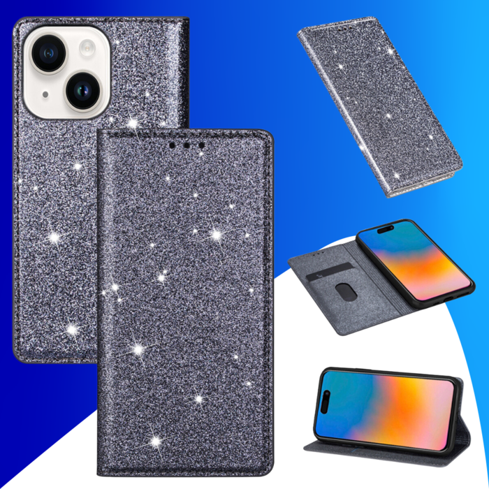 JVS Products iPhone 15 Plus hoesje -  Bookcase -  Pasjeshouder -  Portemonnee -  Glitter -  TPU -  Grijs