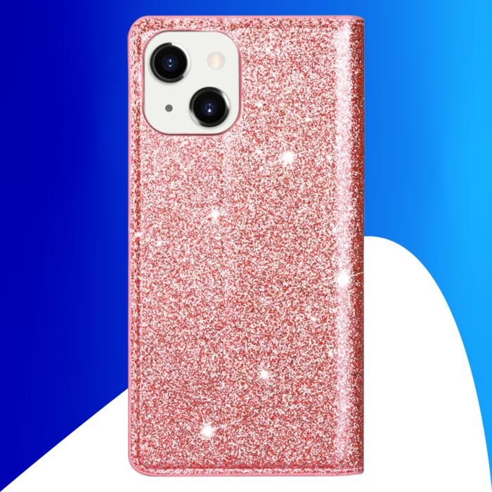 JVS Products iPhone 15 hoesje - Bookcase - Pasjeshouder - Portemonnee - Glitter - TPU - Rose Goud