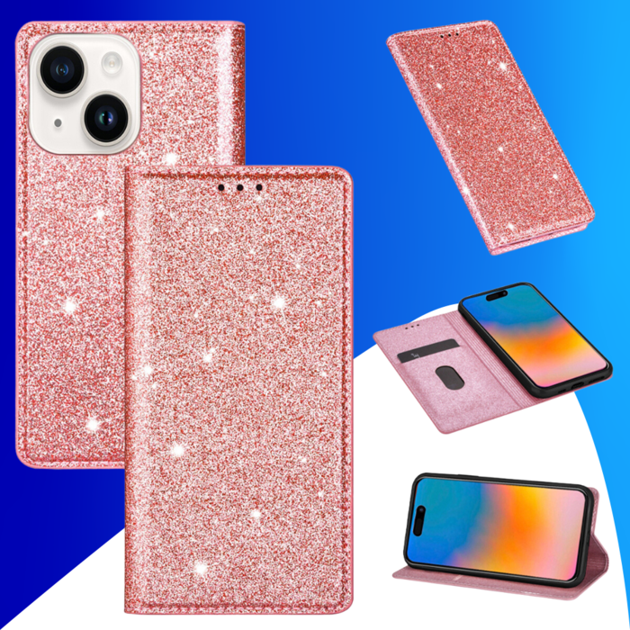 JVS Products iPhone 15 hoesje - Bookcase - Pasjeshouder - Portemonnee - Glitter - TPU - Rose Goud