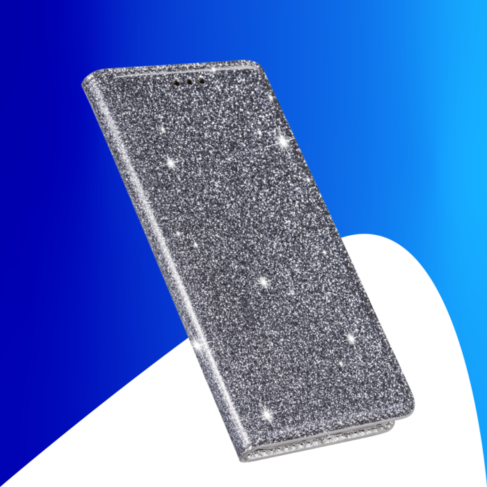 JVS Products iPhone 15 hoesje -  Bookcase -  Pasjeshouder -  Portemonnee -  Glitter -  TPU -  Grijs