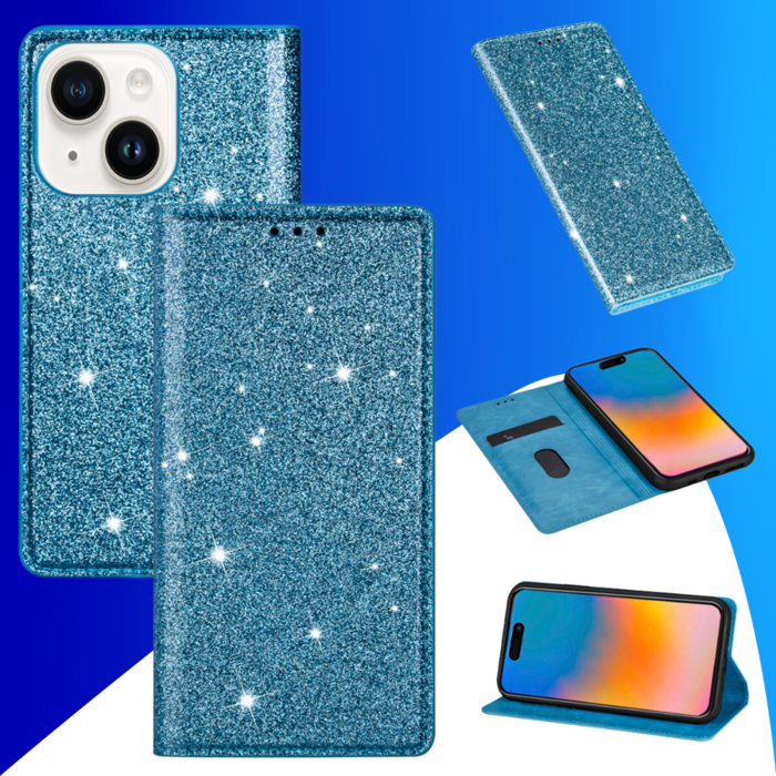 JVS Products iPhone 15 Plus hoesje -  Bookcase -  Pasjeshouder -  Portemonnee -  Glitter -  TPU -  Blauw