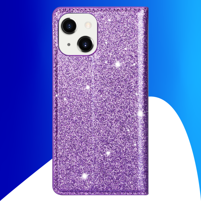 JVS Products iPhone 15 hoesje -  Bookcase -  Pasjeshouder -  Portemonnee -  Glitter -  TPU -  Paars