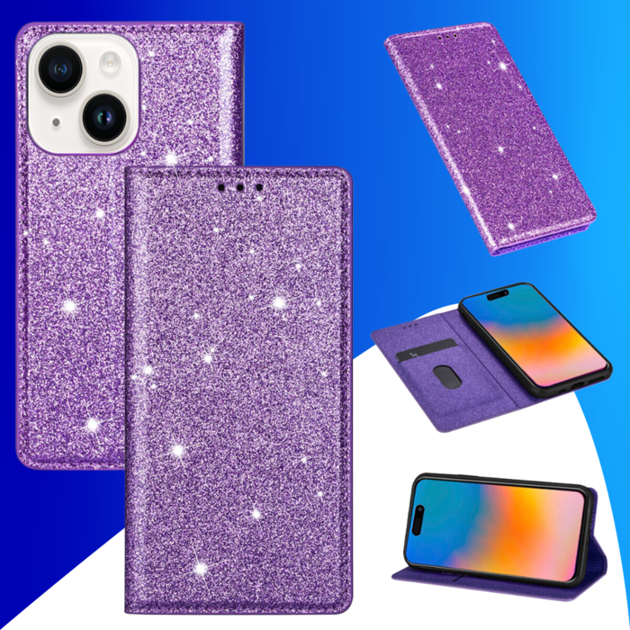 JVS Products iPhone 15 hoesje -  Bookcase -  Pasjeshouder -  Portemonnee -  Glitter -  TPU -  Paars