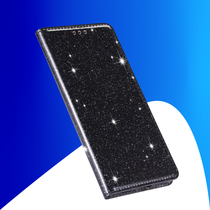 JVS Products iPhone 15 hoesje -  Bookcase -  Pasjeshouder -  Portemonnee -  Glitter -  TPU -  Zwart