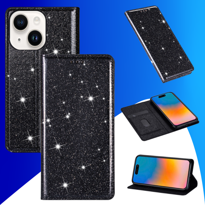 JVS Products iPhone 15 hoesje -  Bookcase -  Pasjeshouder -  Portemonnee -  Glitter -  TPU -  Zwart