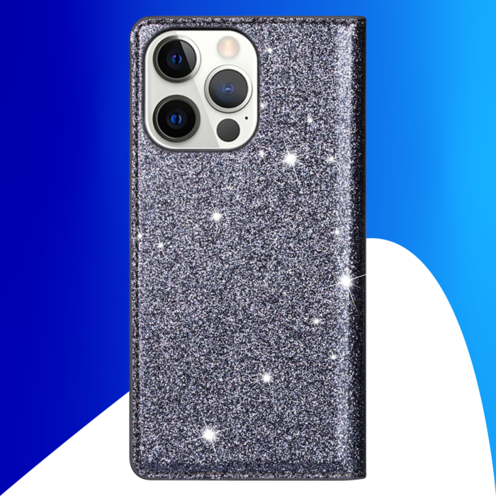 JVS Products iPhone 15 Pro Max hoesje -  Bookcase -  Pasjeshouder -  Portemonnee -  Glitter -  TPU -  Grijs