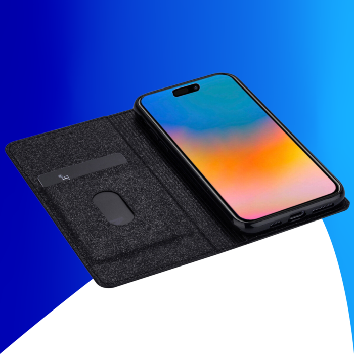 JVS Products iPhone 15 Plus hoesje -  Bookcase -  Pasjeshouder -  Portemonnee -  Glitter -  TPU -  Zwart