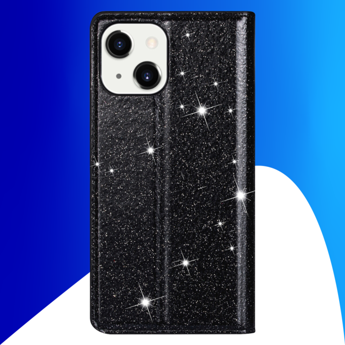 JVS Products iPhone 15 Plus hoesje -  Bookcase -  Pasjeshouder -  Portemonnee -  Glitter -  TPU -  Zwart