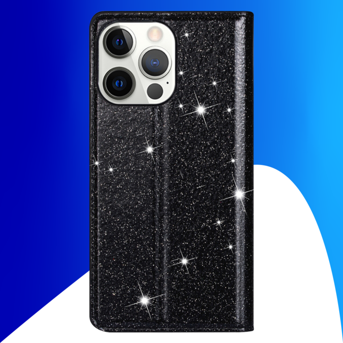 JVS Products iPhone 15 Pro Max hoesje -  Bookcase -  Pasjeshouder -  Portemonnee -  Glitter -  TPU -  Zwart