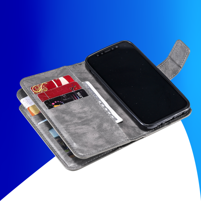 JVS Products iPhone 15 hoesje -  Bookcase -  Pasjeshouder -  Portemonnee -  Luxe -  Kunstleer -  Grijs