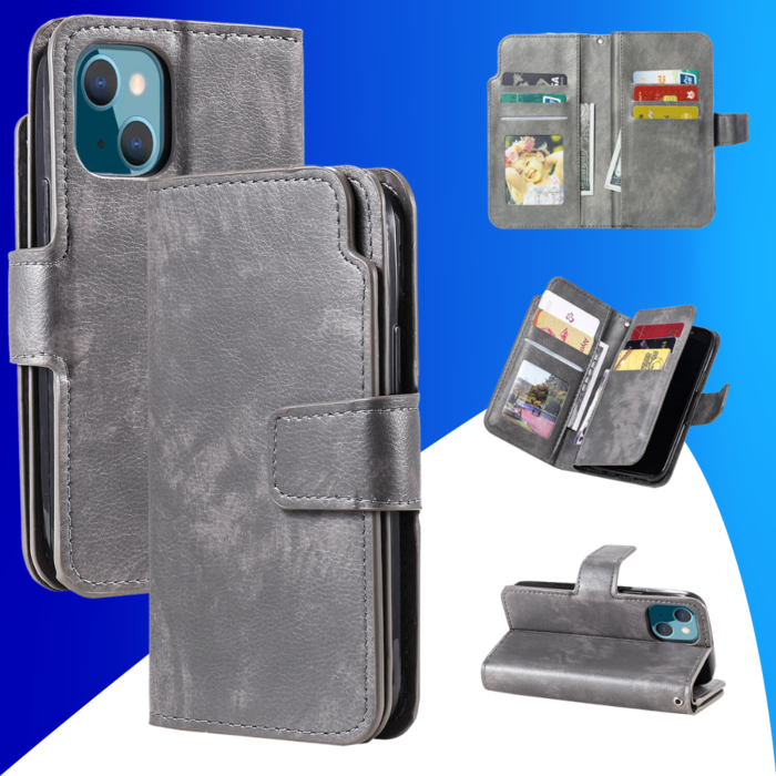 JVS Products iPhone 15 hoesje -  Bookcase -  Pasjeshouder -  Portemonnee -  Luxe -  Kunstleer -  Grijs