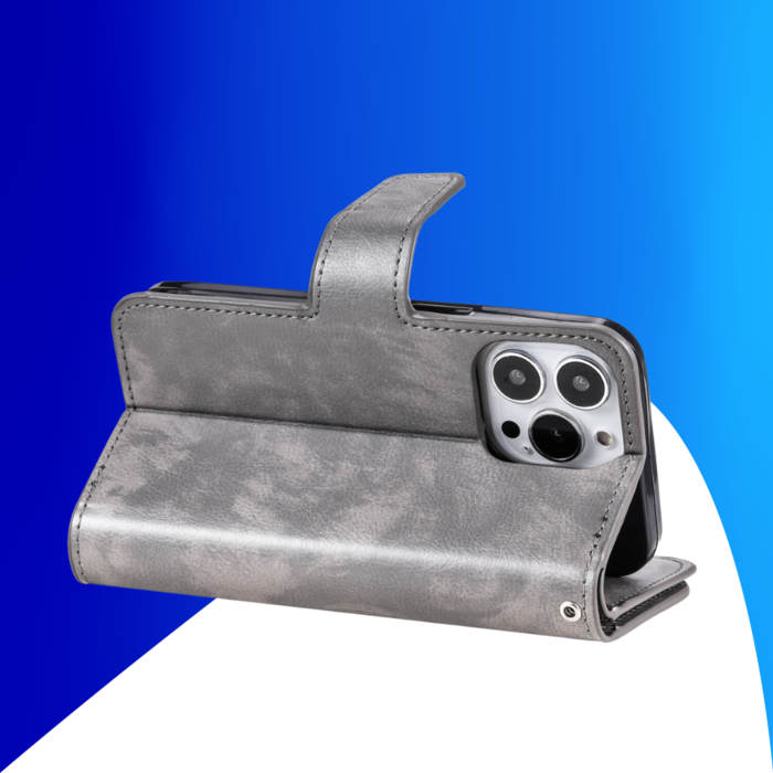 JVS Products iPhone 15 Pro hoesje -  Bookcase -  Pasjeshouder -  Portemonnee -  Luxe -  Kunstleer -  Grijs