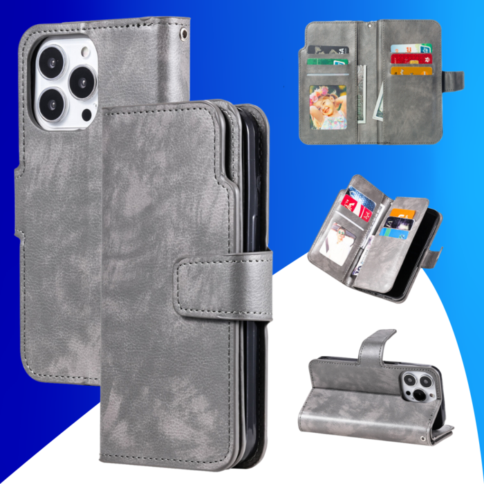 JVS Products iPhone 15 Pro hoesje -  Bookcase -  Pasjeshouder -  Portemonnee -  Luxe -  Kunstleer -  Grijs