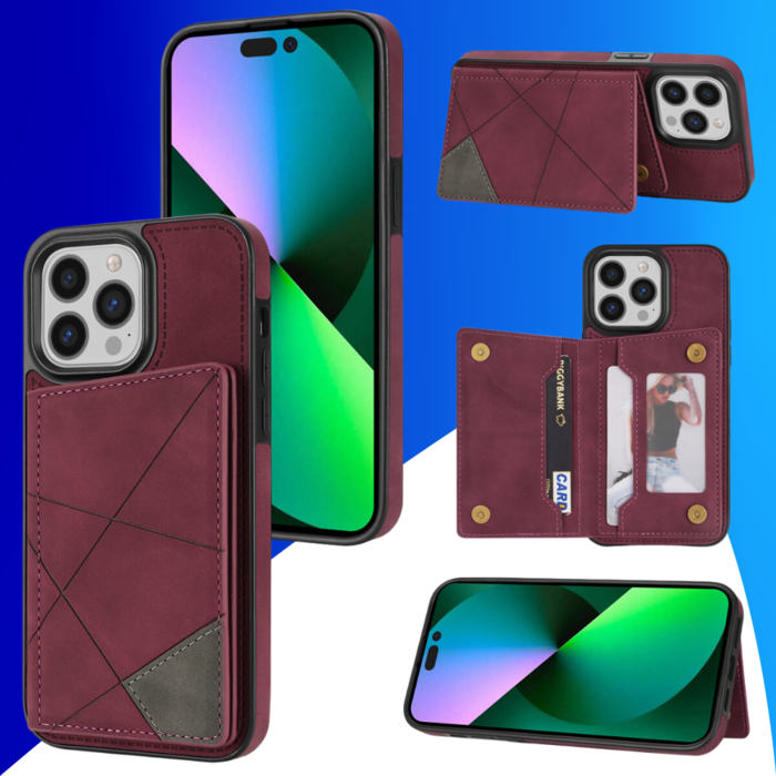 JVS Products iPhone 15 Pro hoesje -  Backcover -  Pasjeshouder -  Portemonnee -  Camerabescherming -  Stijlvol patroon -  TPU -  Bordeaux Rood