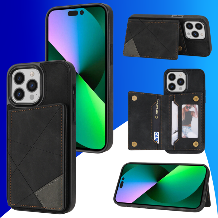 JVS Products iPhone 15 Pro Max hoesje -  Backcover -  Pasjeshouder -  Portemonnee -  Camerabescherming -  Stijlvol patroon -  TPU -  Zwart