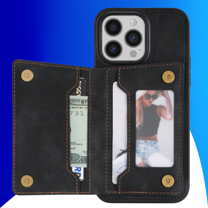 JVS Products iPhone 15 Pro hoesje -  Backcover -  Pasjeshouder -  Portemonnee -  Camerabescherming -  Stijlvol patroon -  TPU -  Zwart