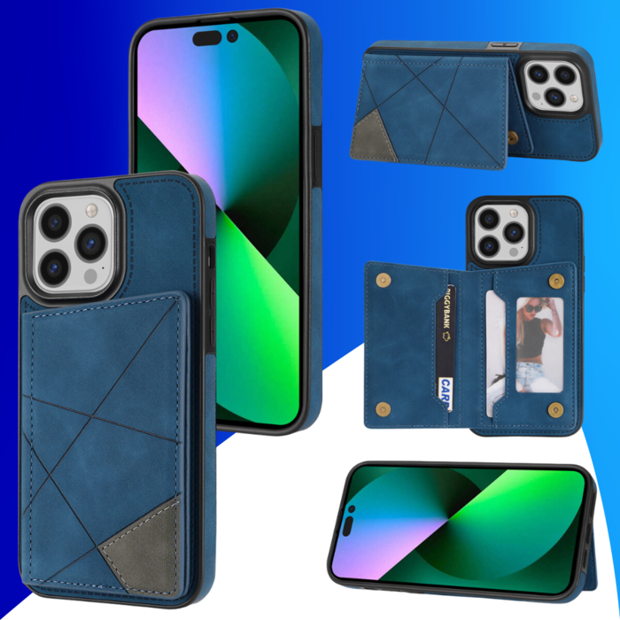 JVS Products iPhone 15 Pro hoesje -  Backcover -  Pasjeshouder -  Portemonnee -  Camerabescherming -  Stijlvol patroon -  TPU -  Blauw