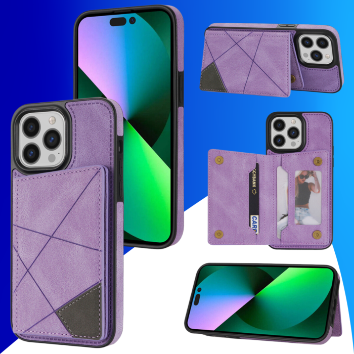 JVS Products iPhone 15 Pro hoesje -  Backcover -  Pasjeshouder -  Portemonnee -  Camerabescherming -  Stijlvol patroon -  TPU -  Paars