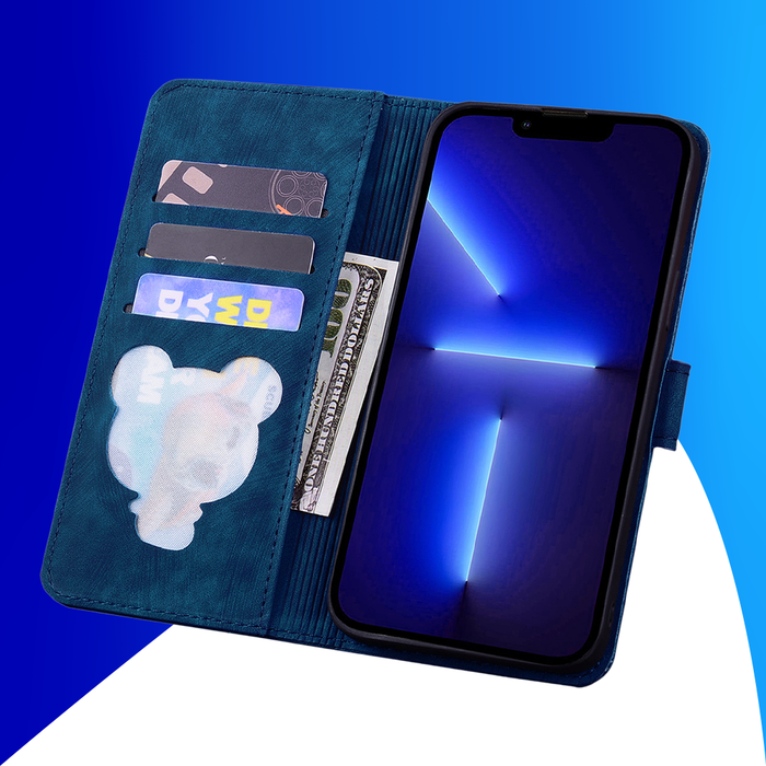 JVS Products iPhone 15 Plus hoesje -  Bookcase -  Koord -  Pasjeshouder -  Portemonnee -  Camerabescherming -  Bloemenpatroon -  Kunstleer -  Blauw