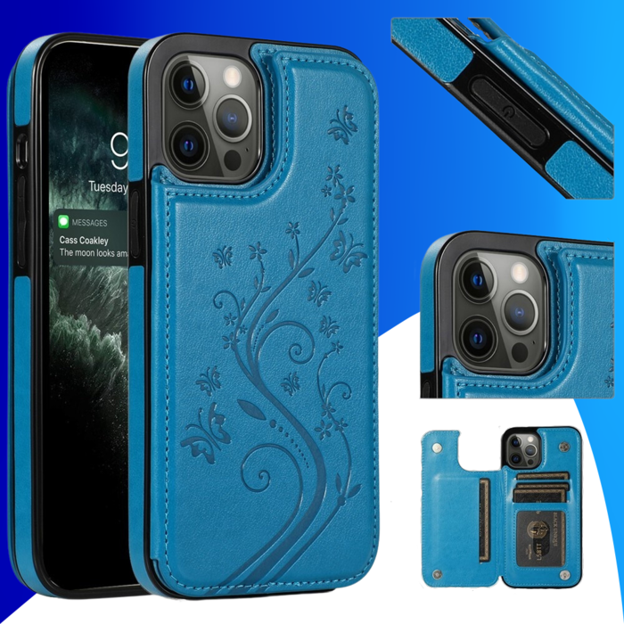 JVS Products iPhone 15 Plus hoesje -  Backcover -  Pasjeshouder -  Portemonnee -  Bloemenprint -  Kunstleer -  Blauw