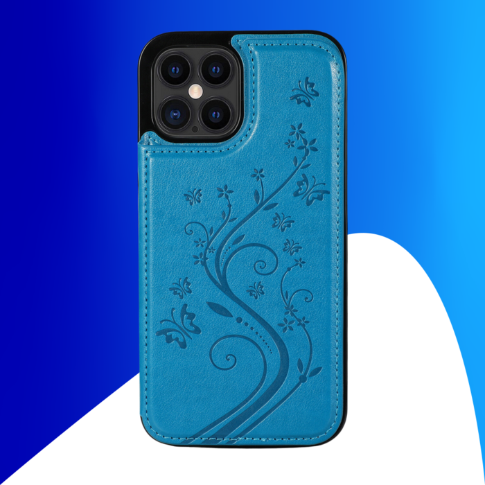 JVS Products iPhone 15 Plus hoesje -  Backcover -  Pasjeshouder -  Portemonnee -  Bloemenprint -  Kunstleer -  Blauw