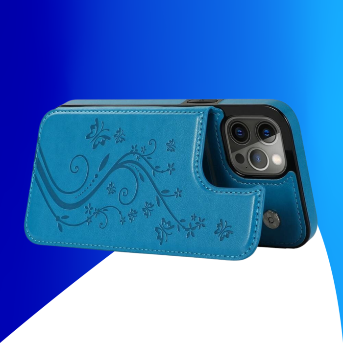 JVS Products iPhone 15 Plus hoesje -  Backcover -  Pasjeshouder -  Portemonnee -  Bloemenprint -  Kunstleer -  Blauw