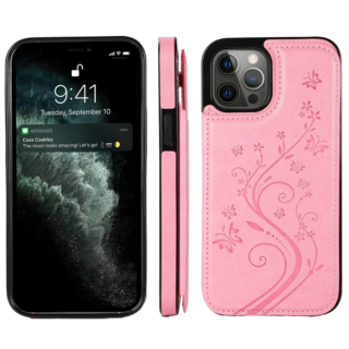 JVS Products iPhone 15 Pro hoesje -  Backcover -  Pasjeshouder -  Portemonnee -  Bloemenprint -  Kunstleer -  Roze